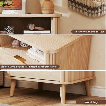 Fluted Nightstands Set of 2, Mid Century Modern Bedside Table with Drawer & Open Shelf, Curved Profile Design, Night Stand with Charging Station, End Side Table with Storage for Bedroom, Oak