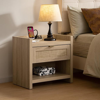 SICOTAS Rattan Nightstand End Table - Boho Night Stand Bedside Table with Type-C Charging Station, Wicker Decor Drawer Storage Cabinet Night Stand for Bedroom - Light Oak
