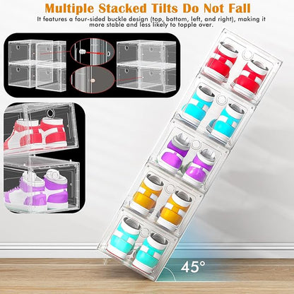 6 Pack Upgrade Harder Shoe Organizer, Shoe Storage with Magnetic Front Door, Clear Shoe Boxes Foldable Space-Saving Shoe Rack for Sneaker Boot Container, White