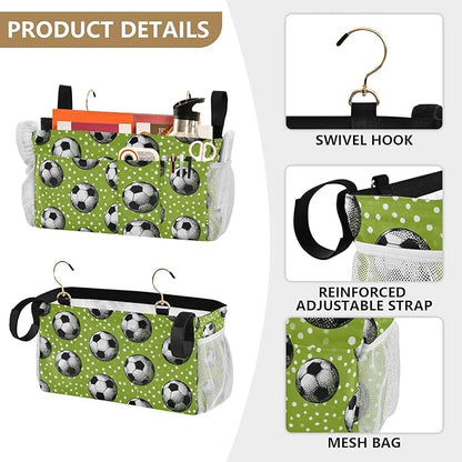 Bedside Caddy Hanging Bunk Bed Caddy Bed Organizer Hanging Pocket with 2 Hooks Bedside Storage Organizer Pocket Bag Holder Deep Green Soccer Balls Dots