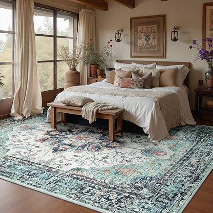 Area Rugs Square 8ft Washable Non-Slip, Floral Vintage Distress Print Pattern Medallion Carpet for Living Room Bedroom Dining Room, Green Navy Blue White Red Teal Colorful