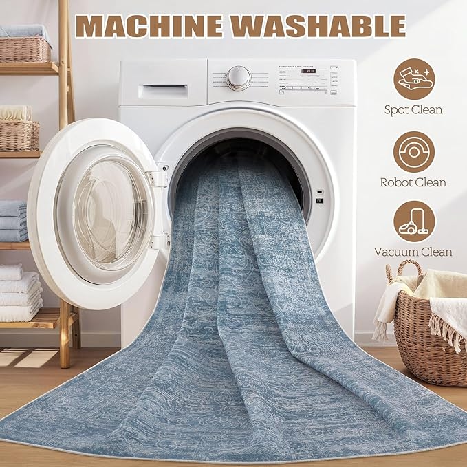 Area Rug Living Room Rugs - 8x10 Washable Large Soft Indoor Neutral Modern Abstract Low Pile Rug Carpet for Bedroom Dining Room Farmhouse Home Office - Dark Blue