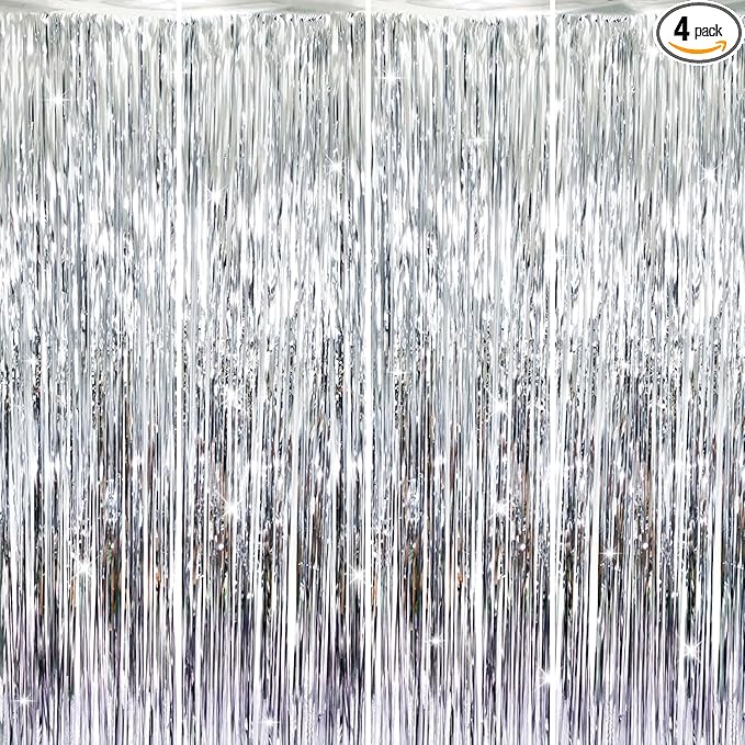 GOER 3.2 ft x 8.2 ft Metallic Tinsel Foil Fringe Curtains Party Photo Backdrop Party Streamers for Birthday,Graduation,New Year Eve Decorations Wedding Decor (4 Packs,Silver)