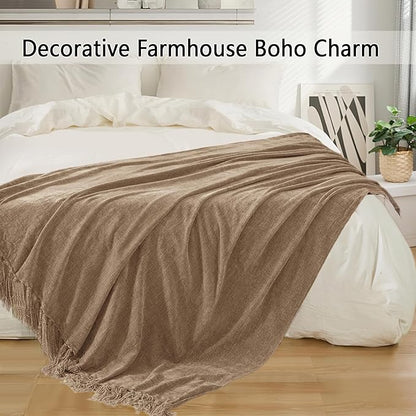 Chenille Throw Blanket for Couch 60"X 80" Twin, Soft Cozy Throws with Fringe Tassel for Bed Sofa Chair Cover, Lightweight Knitted Decorative Boho Blankets for Living Room, Taupe