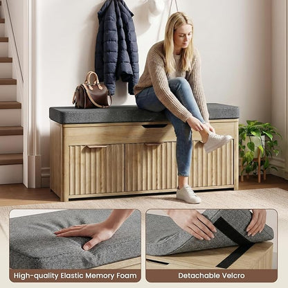Shoe Bench with Storage - Lift Top Entryway Bench with Hidden Storage, Shoe Rack with Adjustable Shelves and Cushioned Seat, Wooden End of Bed Bench for Bedroom, Living Room and Hallway,Nature