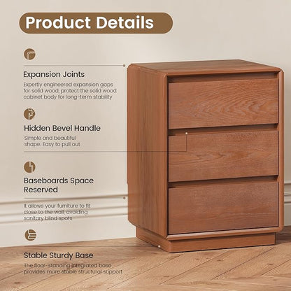 Solid Wood Nightstand Set of 2, Natural Wood Night Stand with 3 Drawers, Mid Century Modern Nightstand with Storage, Bedside Table for Bedroom, Office, Brown