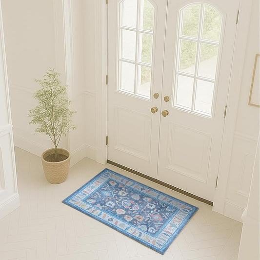 Fame Rugs Blue Modern Oushak Rug 2x3, Vintage Doormat Turkish Colorful Oriental Antique Inspired Washable Small Area Rug, Luxury Living Room Bedroom (387BNB, 2' x 3')