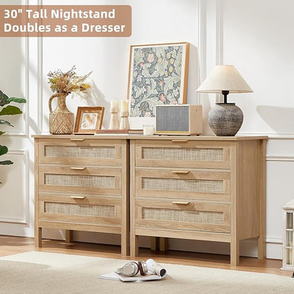 LEYAOYAO 31.5" Wide Rattan Nightstand, Large Boho 3 Drawer Night Stand, Natural Wood Bedside Table with Storage, Tall Bed Side End Tables, Chest of Drawers Dressers for Bedroom, Living Room, Hallway