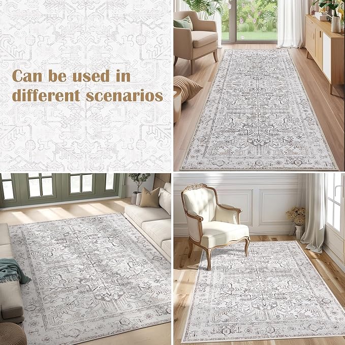 jinchan Lima Kitchen Runner Rug 3x8 - Vintage Floral Machine Washable Non-Slip Hallway Runner Rug with Rubber Backing Ultra-Thin Carpet for Bedroom Laundry Room Farmhouse (3x8ft, Taupe)