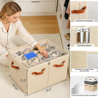 Shoe Organizer for Closet 2 Pack, Foldable Shoe Box with Adjustable Dividers and Clear Cover, Space Saving Shoe Storage Organizer Cabinet with Reinforced Handles, Fits 32 Pairs TP12J