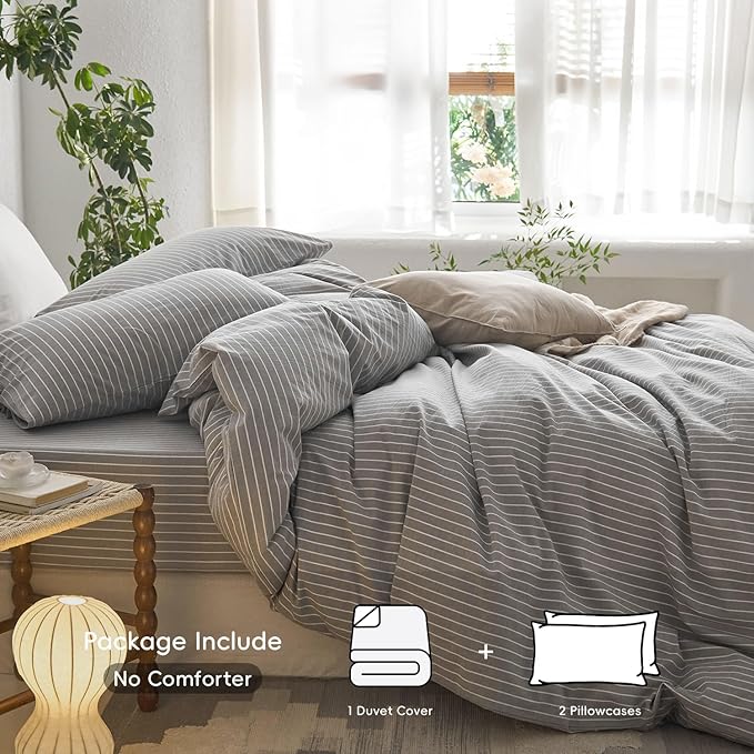 MooMee Striped Duvet Cover Set 100% Washed Cotton Linen Like Textured Breathable Durable Soft Comfy (Light Grey White Wide Stripes, Palatial King/Oversized King 120"x98")