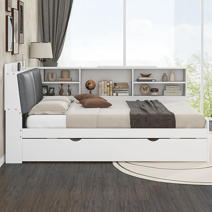 Ball & Cast Full Size Wooden Storage Daybed Frame, Modern Platform Bed with Trundle & Flip Headboard & Shelves, L Shaped Full Floor-Bed w/Upholstered Headboard&Storage, No Box Spring Needed, White