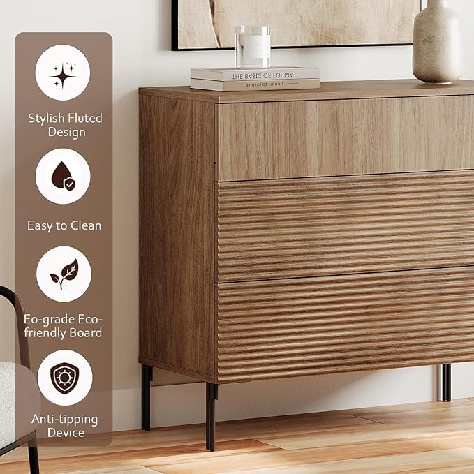 WAMPAT 63" W Fluted Dresser for Bedroom, 2 in 1 Modern 6 Drawer Dresser TV Stand with Hidden Handles, Wooden Chest of Drawers Closet Clothes Storage Organizer for Bedroom, Living Room, Light Walnut