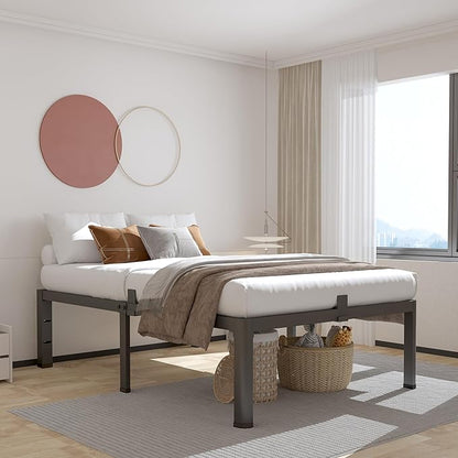 ROIL 18 Inch Twin Bed Frame with Rounded Corner and Headboard Hole Mattress Retainers 3500LBS Metal Heavy Duty Steel Slats No Box Spring Needed Platform Noise-Free Easy Assembly