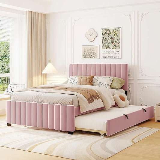 Full Bed Frame with Trundle Bed,Velvet Upholstered Platform Bed Frame,Full Size Trundle Bed with Headboard for Kids Teens Adults(Pink)