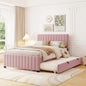 Full Bed Frame with Trundle Bed,Velvet Upholstered Platform Bed Frame,Full Size Trundle Bed with Headboard for Kids Teens Adults(Pink)