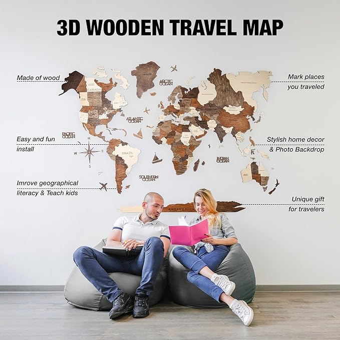 Handmade 3D Wood World Map Wall Art Large Wall Decor Track Your World Travels - Special for Home, Kitchen and Office (Large, Multicolor)
