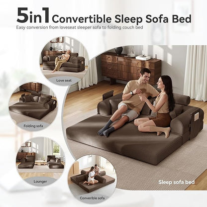 Upgrade High Backrest Design Sofa Bed with Fixed-Shape Frame & Removable Armrests and Backrest, Corduroy Fabric, Convertible Mattress Couch for Small Spaces - No Assembly Needed (High Backrest Brown)
