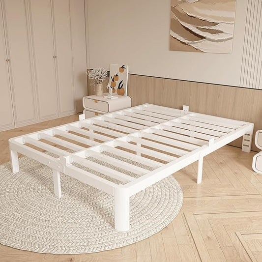 12 Inch Queen Bed Frame No Box Spring Needed, Platform Bed Frame with Metal Gaskets, Heavy Duty Steel Slat Support, Anti-Slip Mattress Stopper, Round Corner Leg, Easy Assembly, White
