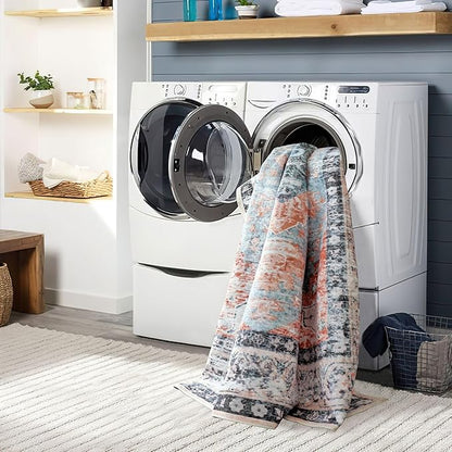 Runner Rug 2x10 Machine Washable Rug with Non-Slip Backing, Ideal for Kitchen Hallway Entryway Laundry Room - Vintage Floral, Durable, Easy Clean, Low Pile Carpet Runner Orange