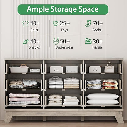 Fluted Dresser for Bedroom with 9 Drawers, 57" Wide Modern Chest of Drawers with Metal Handle, Wooden Dresser TV Stand, Wood Closet Clothes Storage Organizer for Living Room, Hallway, Grey