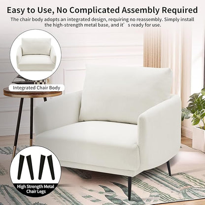 Oversized Accent Chair for Living Room Cozy Reading Chairs Mid-Century Modern Accent Chairs Armchair with Metal Legs Single Sofa Chair for Home Office (Set-of-2, Polyester Fabric- Pearly White)