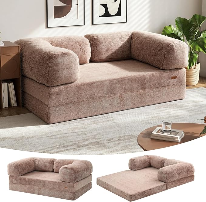 COMAX 4-in-1 Futon Sofa Bed, Queen Size Foldable Couch with L-Shaped Armrests, Convertible Sleeper Chair Bed, Comfortable Lounge Mattress for Living Room and Bedroom, Snow Brown