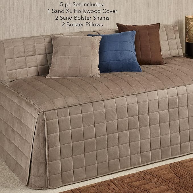 Camden Luxury Bedding | Neutral Sand Color | Fitted Hollywood Daybed Bedding | Faux Suede Box Quilted Design | 5 Piece Set Includes Extra Long Hollywood Cover, 2 Bolster Shams, and 2 Bolster Pillows