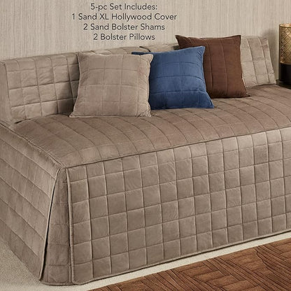 Camden Luxury Bedding | Neutral Sand Color | Fitted Hollywood Daybed Bedding | Faux Suede Box Quilted Design | 5 Piece Set Includes Extra Long Hollywood Cover, 2 Bolster Shams, and 2 Bolster Pillows