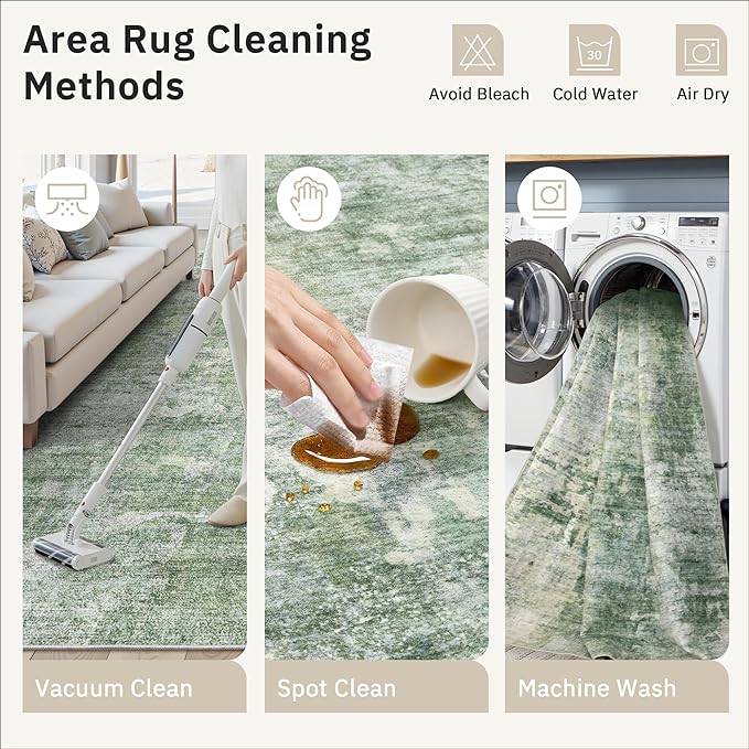 Abstract Rug 8x10 Large Living Room Rugs Neutral Modern Washable Area Rugs for Bedroom Dining Room Non-Slip Stain Resistant Foldable Thin Rug Green