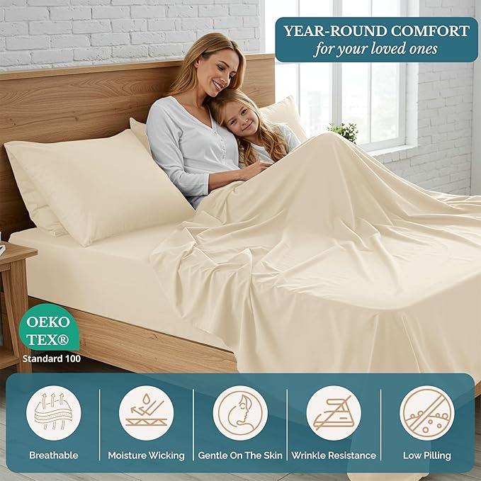 Casa Platino Queen Sheets Set, Soft & Cozy Bed Sheet Set for Queen Size Bed, 4 Piece Pre-Washed Microfiber Sheets with Deep Pocket Fitted Sheet, Breathable & Lightweight Everyday Bedding – Ivory