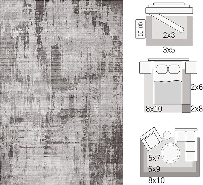 Area Rugs 6x9, Machine Washable Neutral Modern Abstract Soft Rugs for Living Room Large Carpet for Floor Non Slip Rug Under Dining Table Bed Grey Home Office | Grey