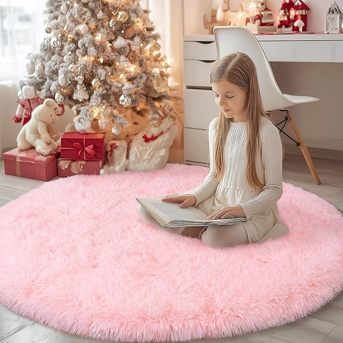 Round Fluffy Pink Rug for Bedroom, 5Ft Fuzzy Shag Circle Area Rug for Girls Kids Room Nursery, Soft Non Slip Plush Carpet for Dorm Living Room Home Decor
