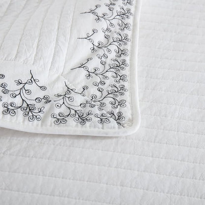 MarCielo 3-Piece 100% Cotton White Striped Quilt Set with Botanical Edge Embroidery TC(Sakura White,King(106" X 98"))
