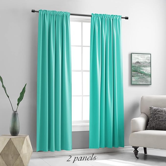 DONREN Black Out Window Curtains for Living Room - 90 Inch Room Darkening Thermal Insulated Rod Pocket Curtain Panels (Turquoise,1 Pair)
