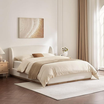 CHITA Queen Size Bed Frame, Upholstered Platform Bed with Wingback Headboard, Wooden Slats Support, Noise-Free, No Box Spring Needed, Cream