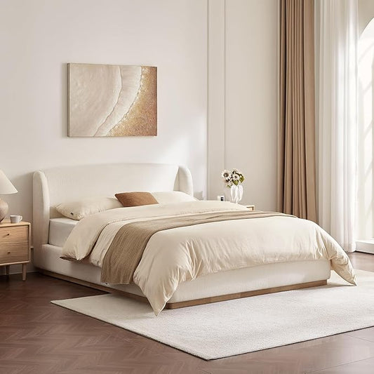 CHITA Queen Size Bed Frame, Upholstered Platform Bed with Wingback Headboard, Wooden Slats Support, Noise-Free, No Box Spring Needed, Cream