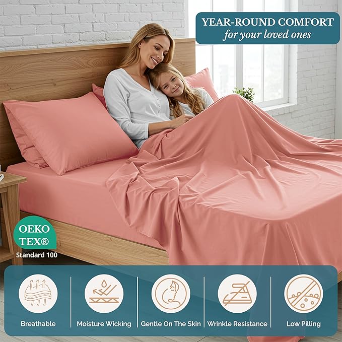 Casa Platino Queen Bed Sheets, 4 Piece Set with Deep Pocket Sheet, Brushed Microfiber for Queen Size Bed, Pre-Washed, Fade Resistant, Hotel Style Sheet Set with Smooth Cozy Feel – Rose Dawn