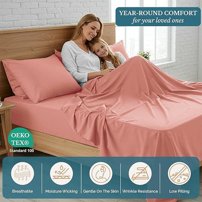 Casa Platino Queen Bed Sheets, 4 Piece Set with Deep Pocket Sheet, Brushed Microfiber for Queen Size Bed, Pre-Washed, Fade Resistant, Hotel Style Sheet Set with Smooth Cozy Feel – Rose Dawn