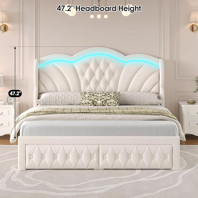 Keyluv King Bed Frame with LED Lights and 2 Storage Drawers, Velvet Upholstered Platform with 47" Tall Arc-Shaped Wingback Headboard and Button Tufted Design, No Box Spring Needed, Noise-Free, Beige