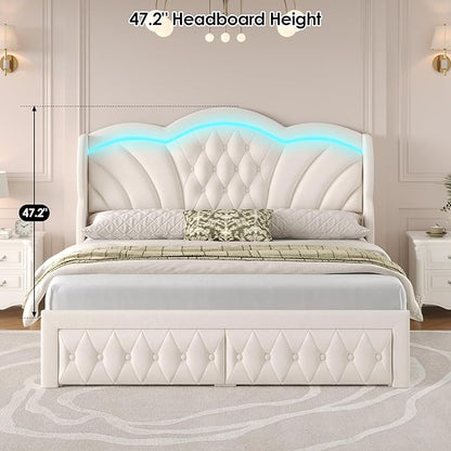 Keyluv Queen Bed Frame with LED Lights and 2 Storage Drawers, Velvet Upholstered Platform with 47" Tall Arc-Shaped Wingback Headboard and Button Tufted Design, No Box Spring Needed, Noise-Free, Beige