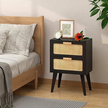 YAUKOMEL Rattan Nightstand Set of 2,Mid Century Modern Bedside Table with Storage,End Table,Side Table with 2 Hand Made Rattan Decorated Drawers for Livingroom, Bedroom, Black CTG59B-2