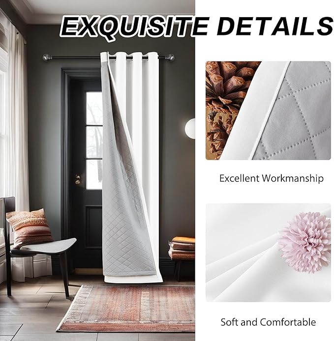 Soundproof 3-in-1 White 100% Blackout Curtains Thermal Insulation for Bedroom Living Room Grommet Curtains for Winter 1 Panel 50x84 Inch