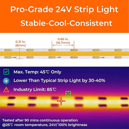 Candlelight COB LED Strip Lights 2400K, 3W/FT, 32.8FT 24V LED Tape Light with 3M VHB Backing, CRI 95, UL Listed, Cuttable, Dimmable, Bendable for Bars, Restaurants, Relaxing (NO Power Supply)