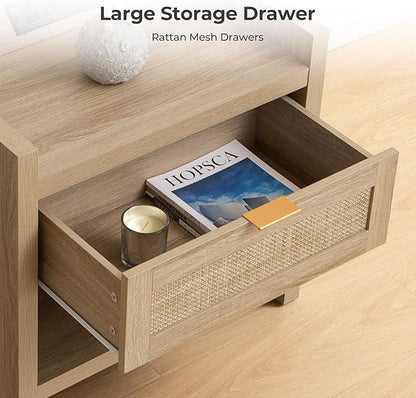 SICOTAS Rattan Nightstands Set of 2 Bedside Table - Boho Night Stand with Type-C Charging Station, Wicker Decor Drawer Storage End Table Night Stands for Bedroom - Light Oak