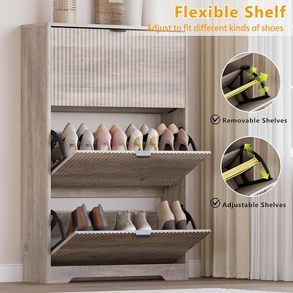Entryway Shoe Cabinet with 3 Flip Drawers, Narrow Shoe Organizer Cabinet with Fluted Panel and Adjustable Shelves for Foyer, Hallway