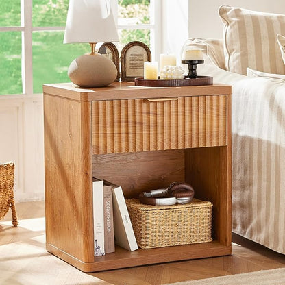 LEYAOYAO Fluted Farmhouse Nightstand Set of 2 with Charging Station, 23" Wide 1 Drawers End Table,Brown Dresser for Bedroom,Bed Side Table Chest of Drawers Cabinet,Wood Night Stand for Living Room