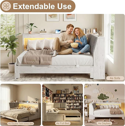 Corner Bed Frame with Extendable Trundle Bed and Bookcase Upholstered Headboard, 3-in-1 Twin Size Wood Daybed with LED Lights and Charging Station, for Bedroom, Guest Room, White