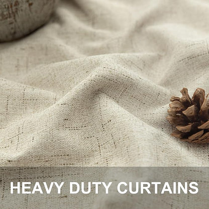 Burlap Curtains 90 Inches Long for Bedroom 2 Panel 100 Percent Blackout Linen Textured Full Light Blocking Cottage Drape for Living Room Dining Noise Reducing Sound Proof Curtains 52x90 Length Beige