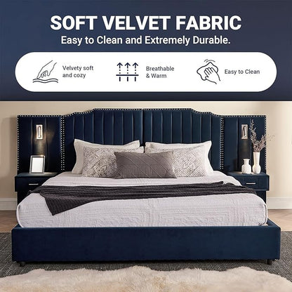 King Size Bed Frame with Storage, Luxury King Platform Bed Frame with Headboard, Velvet Fabric Upholstered Bedframe with LED Lights, Solid Frame & Bedside Table,No Box Spring Needed,Dark Blue